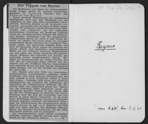 Tagebuch 1941 und Aufzeichnungen 1941-1943 von Prof. Dr. Herbert Jankuhn zu seinen Arbeiten am Teppich von Bayeux