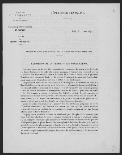Exposition de la Femme - Son organisation, M. Pégard, Ministère du Commerce et de l'Industrie, Comité des femmes françaises, Paris, 1892