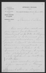 [Vous avez bien voulu me faire espérer...], M. Pégard, Ministère du Commerce et de l'Industrie, Comité des femmes françaises, Lettre au Maire de Bayeux, Paris, 6 janv. 1893