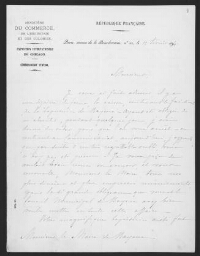[Je vous ai fait adresser...], M. Pégard, Ministère du Commerce et de l'Industrie, Comité des femmes françaises, Lettre au Maire de Bayeux, Paris, 12 fév. 1894