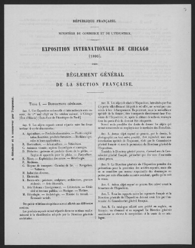 Règlement général de la section française, Ministère du commerce et de l'industrie, Paris, 1892