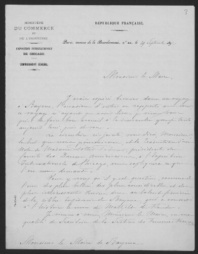 [J'avais espéré trouver dans un voyage à Bayeux...], Ministère du Commerce et de l'Industrie, Lettre au Maire de Bayeux, Paris, 29 septembre 1892